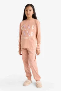 DeFacto Girl's Pajama Set Printed Long Sleeve Top Long Bottom