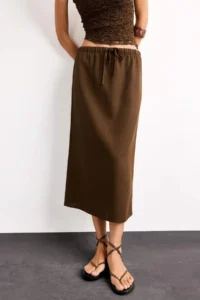 DeFacto Relax Fit Beli Lastikli Dokuma Midi Etek - Image 4