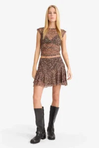 DeFacto Normal Waist Combed Cotton Lining Leopard Patterned Tulle Mini Skirt - Image 3