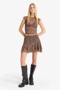 DeFacto Normal Waist Combed Cotton Lining Leopard Patterned Tulle Mini Skirt - Image 4