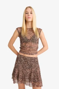 DeFacto Normal Waist Combed Cotton Lining Leopard Patterned Tulle Mini Skirt - Image 5