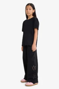 DeFacto Wide Wide Leg Embroidery Black Girls' Trousers G1631A8/Bk81 - Image 2