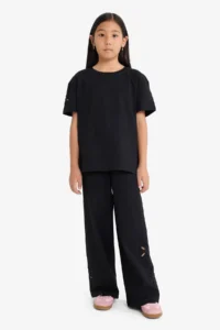 DeFacto Wide Wide Leg Embroidery Black Girls' Trousers G1631A8/Bk81 - Image 4