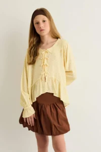 DeFacto Front Tie Patterned Long Sleeve Blouse Girls