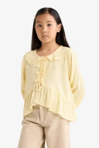 DeFacto Front Tie Patterned Long Sleeve Blouse Girls - Image 6