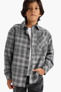 DeFacto Overshirt Fit Polo Collar Checked Flannel Long Sleeve Shirt Boy - Image 4