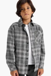 DeFacto Overshirt Fit Polo Collar Checked Flannel Long Sleeve Shirt Boy - Image 6