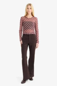 DeFacto Fitted Checkered Tulle Long Sleeve T-Shirt - Image 2