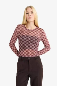 DeFacto Fitted Checkered Tulle Long Sleeve T-Shirt - Image 3