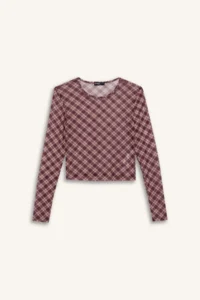 DeFacto Fitted Checkered Tulle Long Sleeve T-Shirt - Image 4
