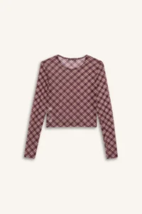 DeFacto Fitted Checkered Tulle Long Sleeve T-Shirt - Image 6