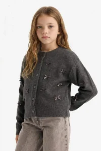 DeFacto Crew Neck Bow Buttoned Cardigan Girl - Image 4