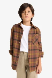 DeFacto Oversize Wide Fit Polo Neck Checked Flannel Long Sleeve Shirt Boy - Image 3
