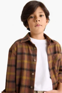 DeFacto Oversize Wide Fit Polo Neck Checked Flannel Long Sleeve Shirt Boy - Image 4