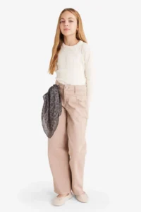 DeFacto Baggy Fit Leopard Scarf Detailed Gabardine Trousers Girls - Image 2