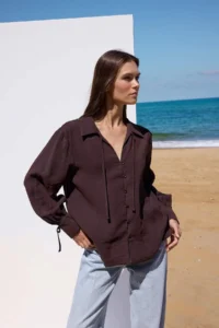 TRENDYOLMİLLA Sustainable Dark Brown Boho Modal Binding Detailed Oversized Modal Shirt - Image 2