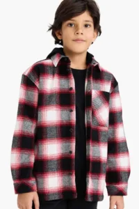 DeFacto Oversize Wide Fit Hooded Plaid Patterned Flannel Long Sleeve Shirt Boy