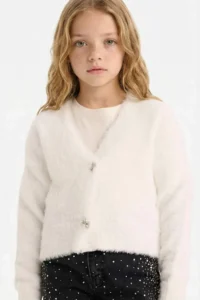 DeFacto New Year's Themed Soft Textured Bow Button Cardigan for Girls - Image 3