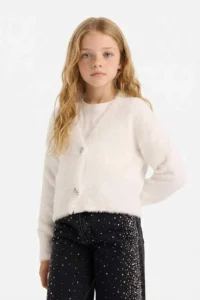 DeFacto New Year's Themed Soft Textured Bow Button Cardigan for Girls - Image 4