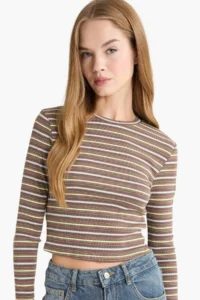 DeFacto Fitted Crew Neck Striped Ribbed Long Sleeve T-Shirt