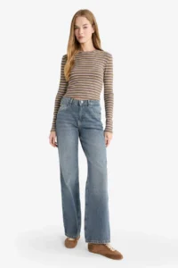 DeFacto Fitted Crew Neck Striped Ribbed Long Sleeve T-Shirt - Image 2