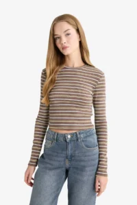DeFacto Fitted Crew Neck Striped Ribbed Long Sleeve T-Shirt - Image 3