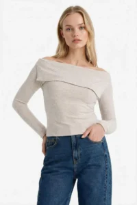 DeFacto Fitted Open Shoulder Ribbed Camisole Long Sleeve T-Shirt - Image 3