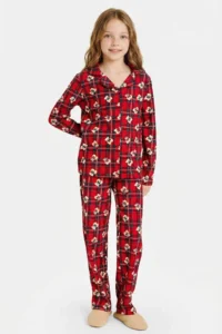 DeFacto Girl's Christmas Themed Pajama Set Checkered Teddy Bear Long Sleeve Top Long Bottom