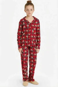 DeFacto Girl's Christmas Themed Pajama Set Checkered Teddy Bear Long Sleeve Top Long Bottom - Image 2