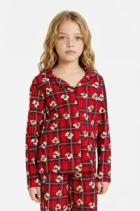 DeFacto Girl's Christmas Themed Pajama Set Checkered Teddy Bear Long Sleeve Top Long Bottom - Image 3