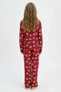 DeFacto Girl's Christmas Themed Pajama Set Checkered Teddy Bear Long Sleeve Top Long Bottom - Image 4