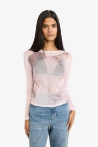 DeFacto Fitted Boat Neck Tulle T-Shirt - Image 3