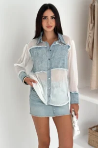 FEMELLE Women's Standard Size Transparent Chiffon Shirt with Denim Detail