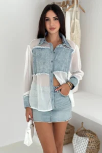 FEMELLE Women's Standard Size Transparent Chiffon Shirt with Denim Detail - Image 2