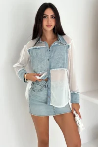 FEMELLE Women's Standard Size Transparent Chiffon Shirt with Denim Detail - Image 3