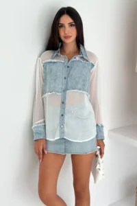 FEMELLE Women's Standard Size Transparent Chiffon Shirt with Denim Detail - Image 4