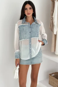 FEMELLE Women's Standard Size Transparent Chiffon Shirt with Denim Detail - Image 5