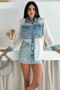 FEMELLE Women's Standard Size Pocketed Transparent Chiffon Shirt with Denim Detail - Image 2