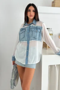 FEMELLE Women's Standard Size Pocketed Transparent Chiffon Shirt with Denim Detail - Image 3