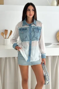 FEMELLE Women's Standard Size Pocketed Transparent Chiffon Shirt with Denim Detail - Image 4