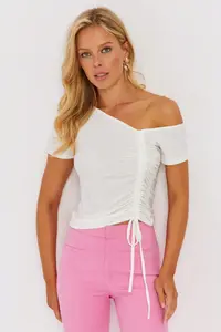 Cool & Sexy Women White Asymmetric Collar Lift Blouse - Image 3