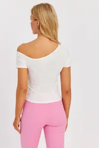 Cool & Sexy Women White Asymmetric Collar Lift Blouse - Image 4
