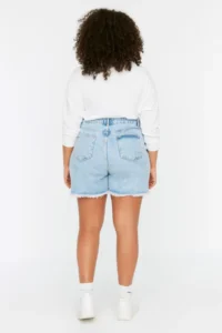 Trendyol Curve Mavi High Waist Destroylu 100% Cotton Plus Size denim Shorts & Bermuda - Image 5