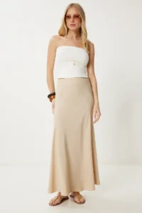 Happiness İstanbul Women Beige A Cut Draped LONG Weaving Skirt