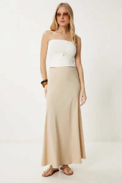 Happiness İstanbul Women Beige A Cut Draped LONG Weaving Skirt