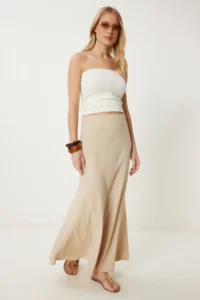 Happiness İstanbul Women Beige A Cut Draped LONG Weaving Skirt - Image 2