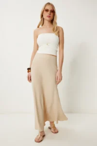 Happiness İstanbul Women Beige A Cut Draped LONG Weaving Skirt - Image 3