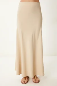 Happiness İstanbul Women Beige A Cut Draped LONG Weaving Skirt - Image 4