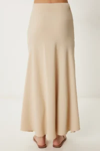 Happiness İstanbul Women Beige A Cut Draped LONG Weaving Skirt - Image 5