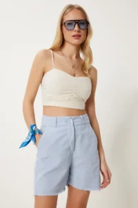 Happiness İstanbul Women's Sky Blue Fringed City Length Linen Shorts